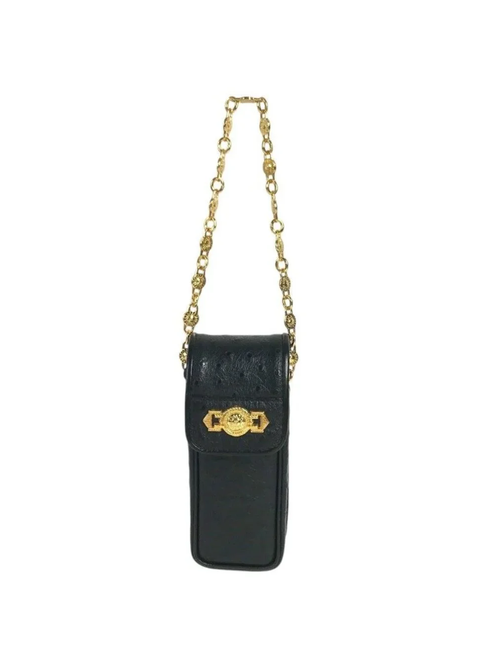 Versace Handbag Sunburst Logo Mobile Pouch Vintage Embossed Leather Black